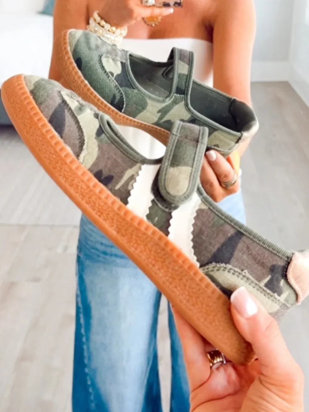 Women’s Camo Slip-On Mary Jane Sneakers in Olive Green